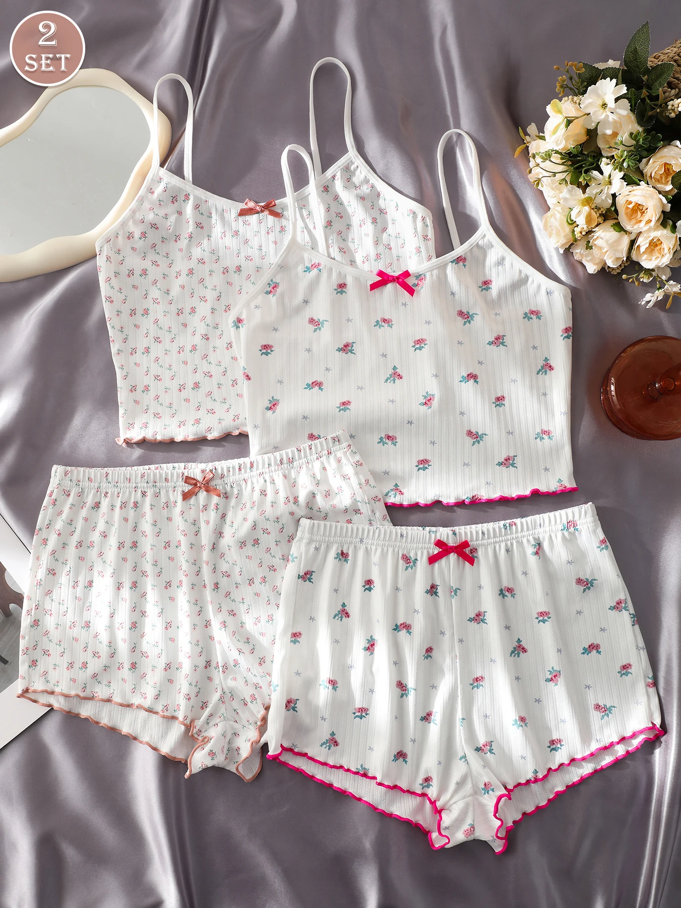 2 Sets Women's Floral Cami Pajama Set Sleepwear Loungewear Comfortable Cotton Nightgown Bedroom Fashion plus Size Women