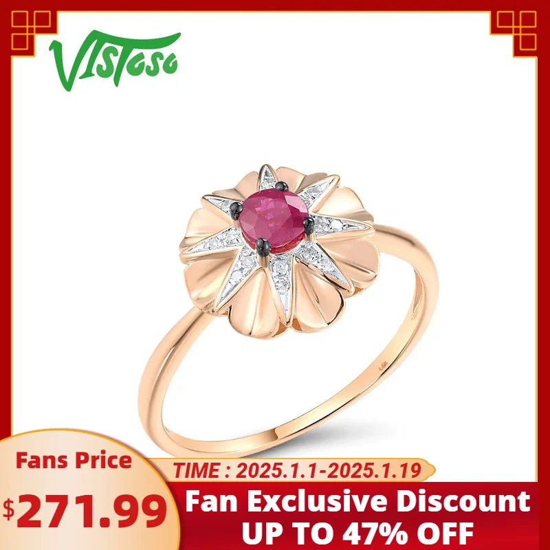 VISTOSO Authentic 14K 585 Rose Gold Ring For Women Sparkling Diamond Ruby Delicate Wedding Engagement Cute Fine Jewelry