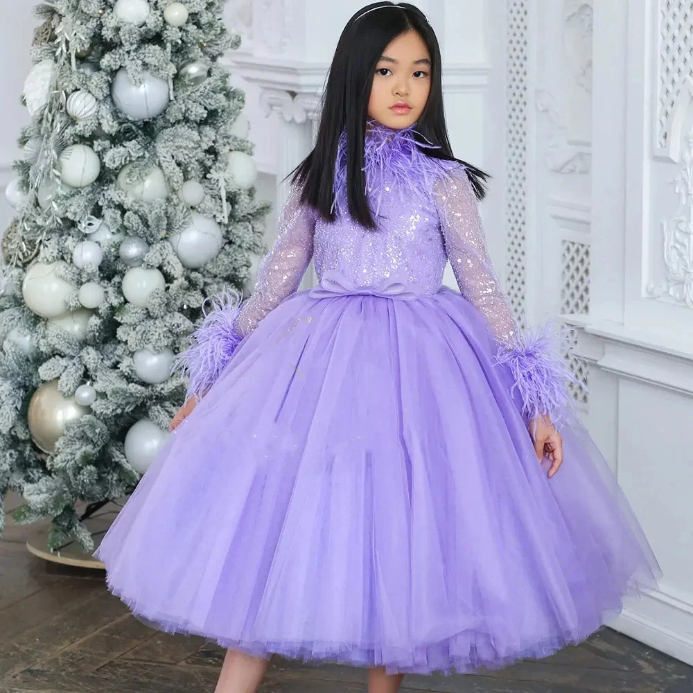 

Customized Purple Flower Girl Dresses For Wedding Feather Sequins With Bow Full Sleeves Birthday Party First Communion Ball Gown