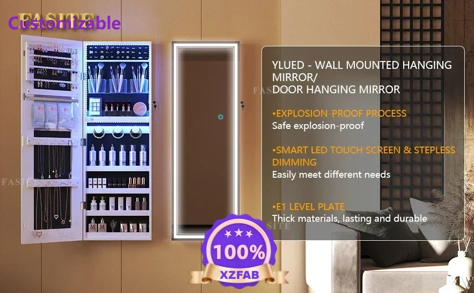Factory Direct 2026 High Quality durable ewelry Mirror Cabinet, Wall/Door Mounted Jewelry Armoire Organizer with 3 color LED lig