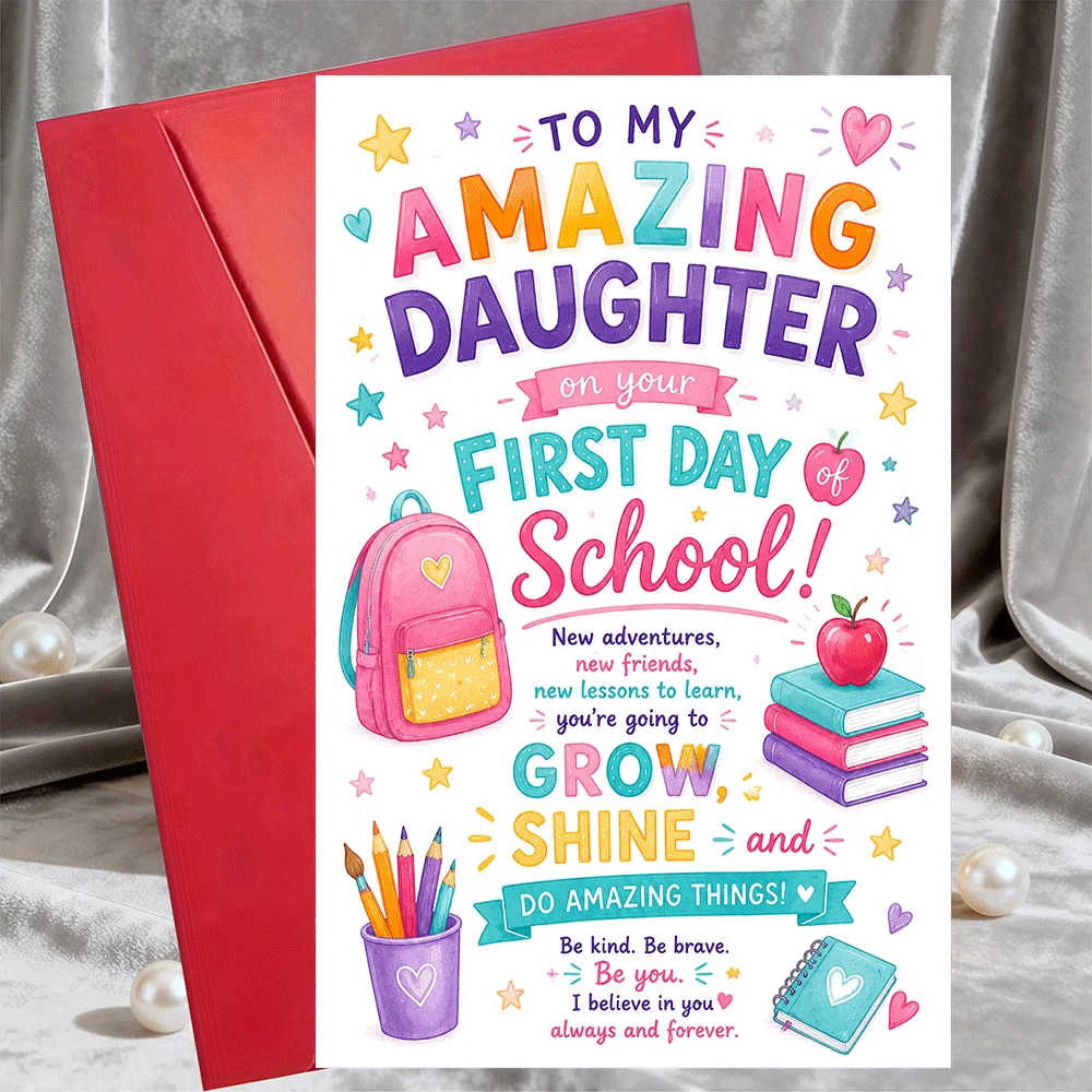 Carte d'encouragement pour une fille pour la première journée d'école, contribuant au succès scolaire et à un nouveau départ.