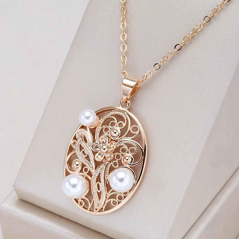 Kienl Hot 585 Rose Gold Color Pearl Pendant Necklace for Women Trend Vintage Glossy Metal Flower Accessories Daily Fine Jewelry