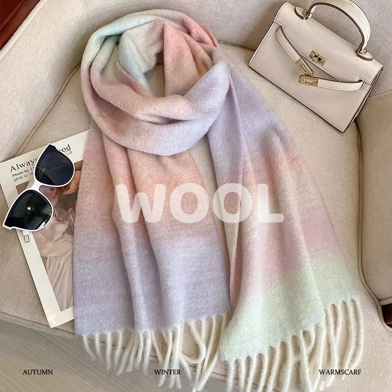 

100% Wool Winter Scarf For Women Long Warm gradient Scarves Hijab Solid Lady Shawl Wrap Female Pashmina Bandana Head Scarfs New