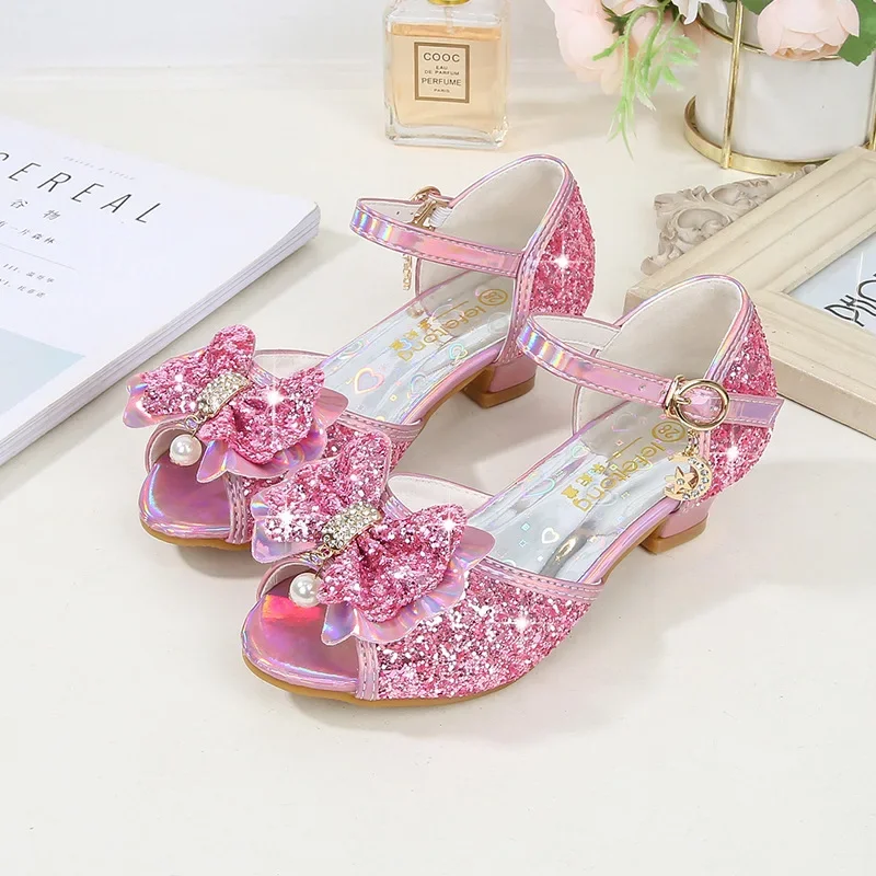 Kids Princess Wedding Leather Shoes Summer Classic Butterfly Knot Girls Crystal Sandals Glitter Party Dance Children High Heel