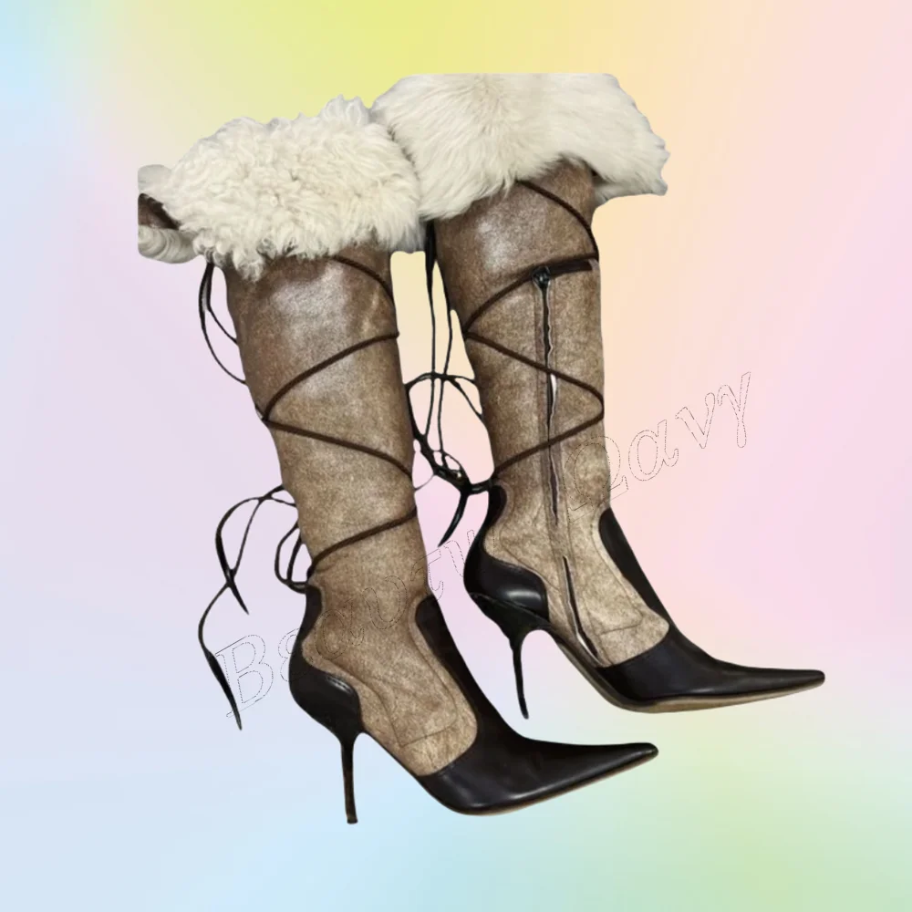 

Khaki Fur Decor Lace up Boots Patchwork Style Pointed Toe Shoes Stilettos Heel Shoes for Women Shoes 2025 Zapatos Para Mujere
