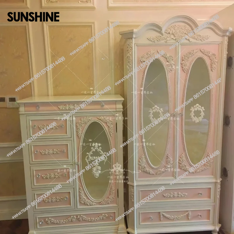 

Vintage Engraving Solid Wood Bedroom Drawer Storage Double Door Wardrobe