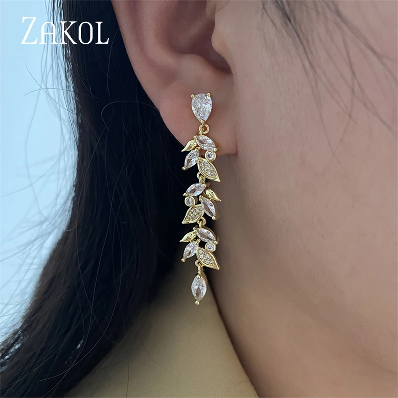 ZAKOL Exquisite Gold Color Leaf Drop Earrings for Women Tiny Cubic Zirconia Dangle Earring Elegant Korean Bridal Wedding Jewelry