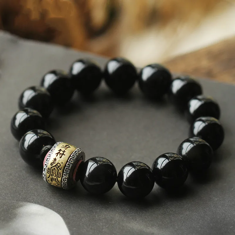 

Obsidian Buddha Beads Silver Jewelry Ethnic Style Men'S Bracelet