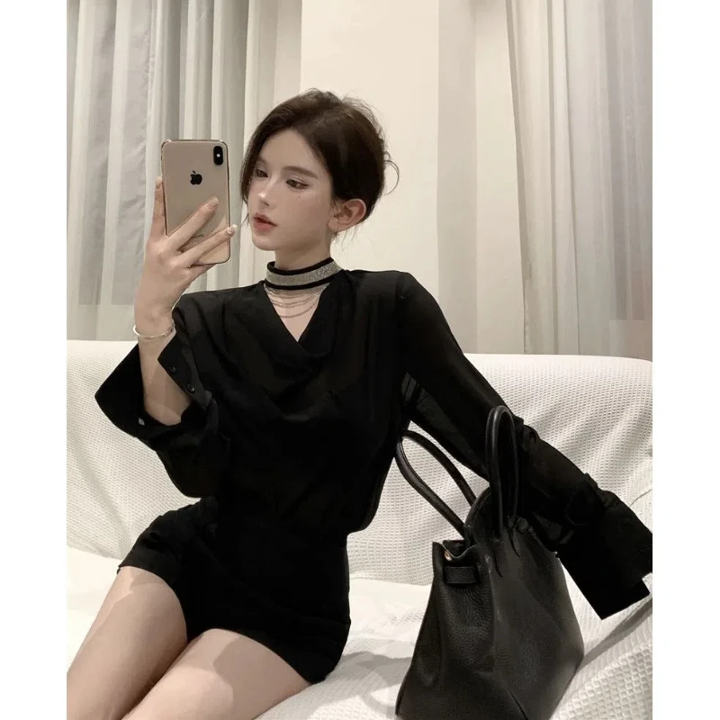 Sexy V-neck Black Long Sleeve Shirt for Women New Spring Autumn Hollow Out Loose Temperament Blouse Elegant Fashion Clothing