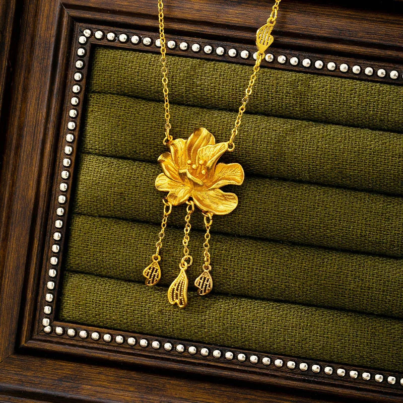 Female 24K Gold AU999 Texture Peony Tassel Clavicle Chain, premium AU999 solid gold fashion accessory for women