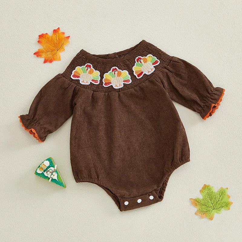 Baby Girls Thanksgiving Romper Turkey Pattern Long Sleeve Jumpsuits for Newborn Infant Toddler Fashion Clothes