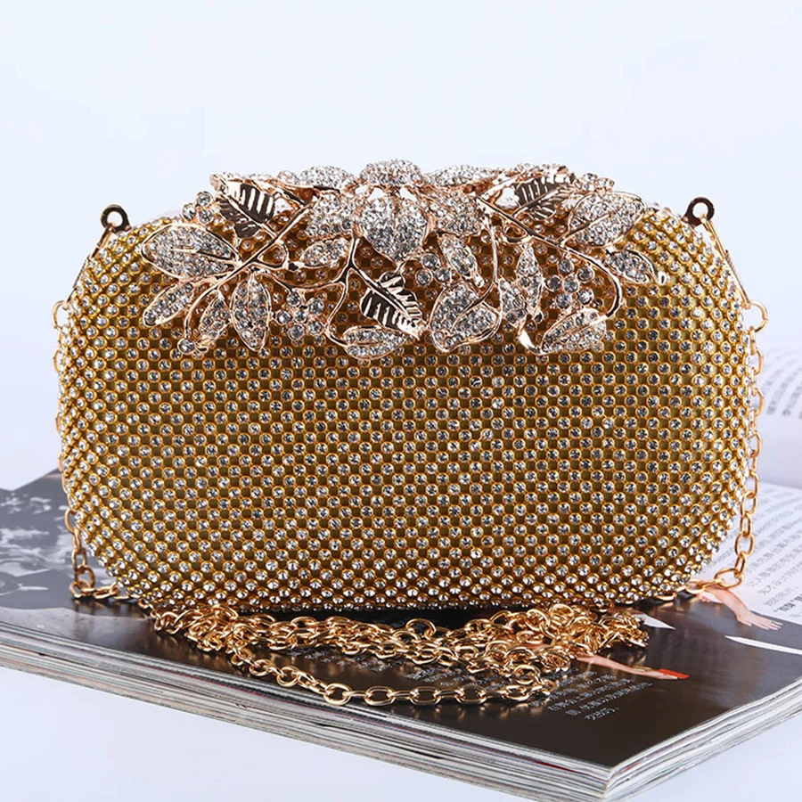Shiny Diamond Evening Bag Flower Golden Handbag Boutique Novelty Metallic Rhinestone Clutch Purses Bridal Wedding Party Box Bags