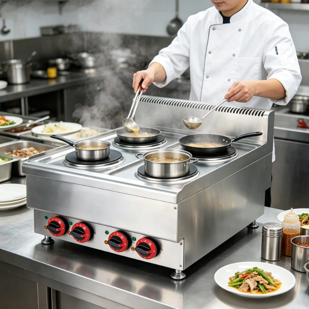 T*& Desktop Electric 4 Pan Bain Marie Countertop Food Soup Warmer Steam Table With Drain Tap for Hotel Canteen Buffet Use