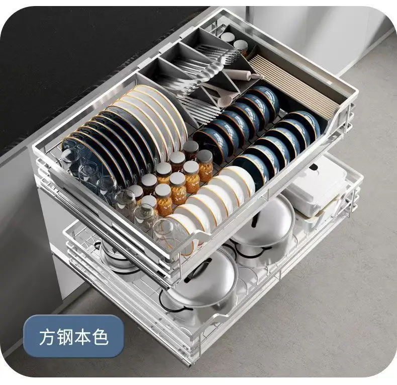 Kitchen Solid Stainless Steel Drawer Double Drawer Storage Dish Rack Cabinet Shelf Blue Damping Buffer
