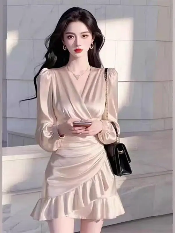 Ele Long Sve Satin Wrap Waist Dr Spring New Sle Faionable ort Skirt Women's Clothing Commute Lady Sle Polye...