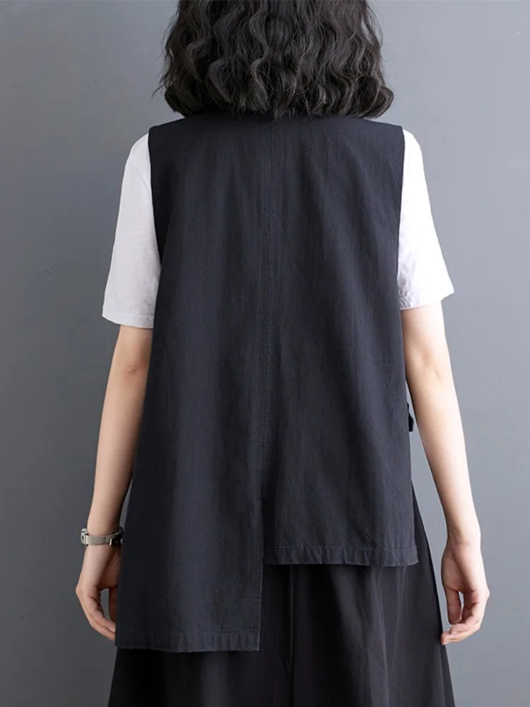 디자인 센세이션 비대칭 코튼 린넨 베스트 여성 여름 루즈핏 V넥 캐주얼 아우터웨어 숄더 패드 탑