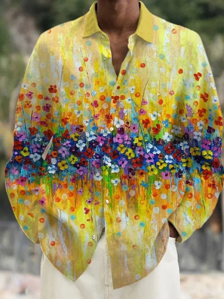

Bohemian Beach Flower Printed Autumn Shirts Casual Loose Lapel Collar Tunics 2025 New Arrival Breathable Commuting Men Clothings