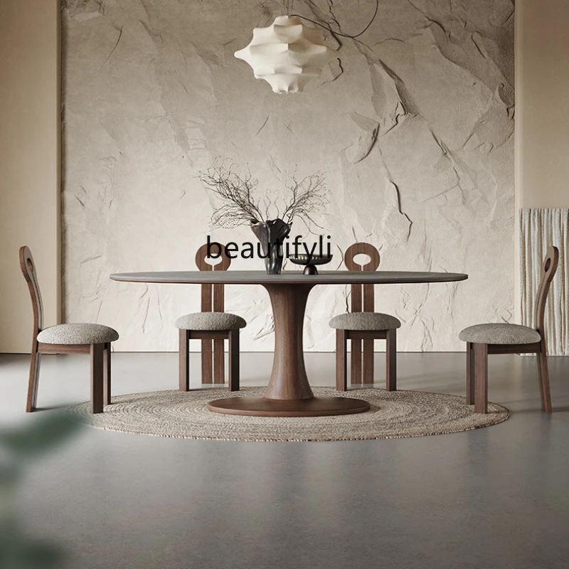 

Nordic Solid Wood Stone Plate Dining Table Modern Minimalist Italian Oak Oval Dining Table