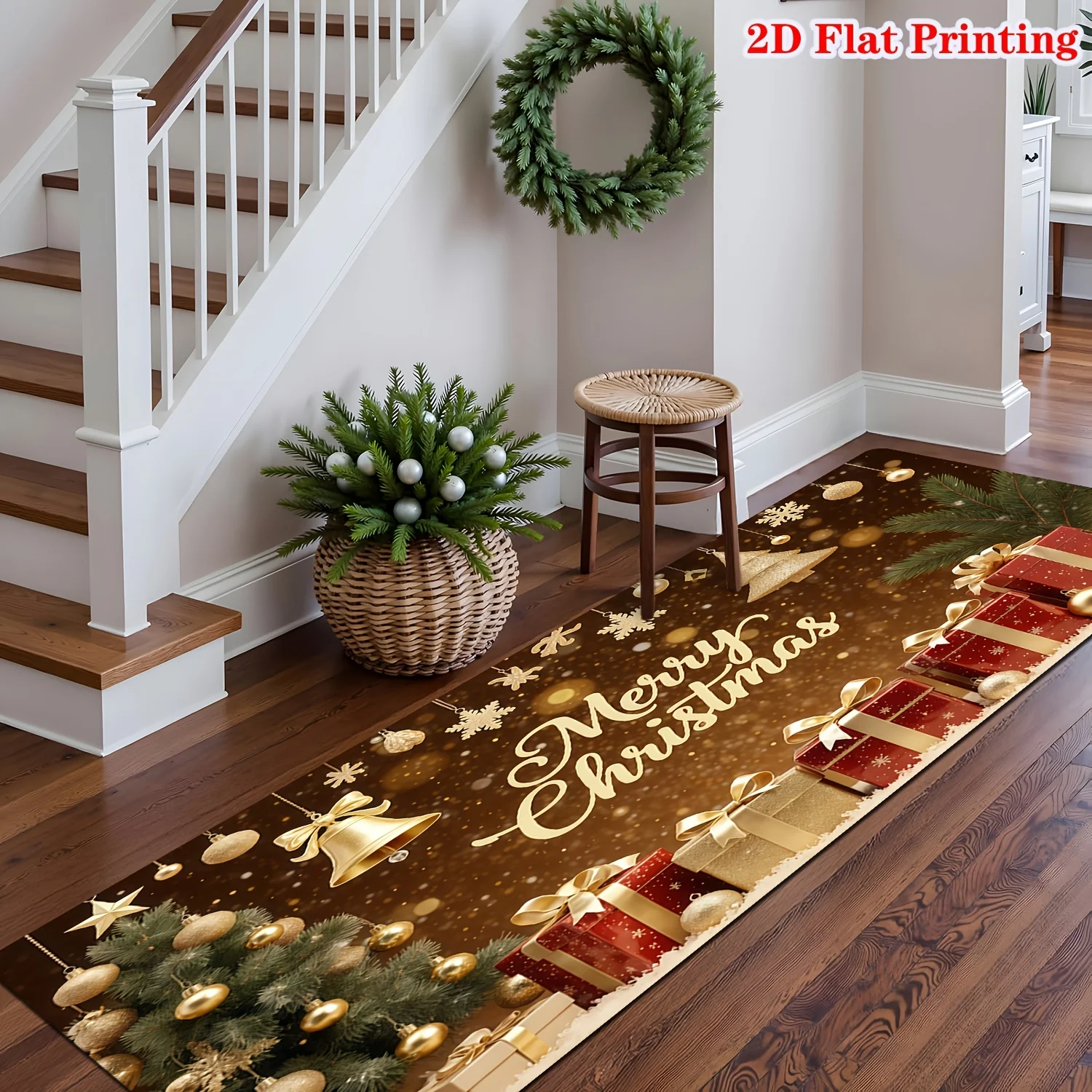 Brown Golden Merry Christmas Runner Rug Golden Bell Gift Box Pine Branch Snowflake Print Long Floor Rug Festive Decor Rug
