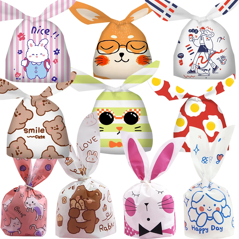 10/20pcs Carton Animal Bags Rabbit Ear Plastic Candy Bags For Kids Birthday Party Biscuits Baking Packaging DIY Gifts Supplies