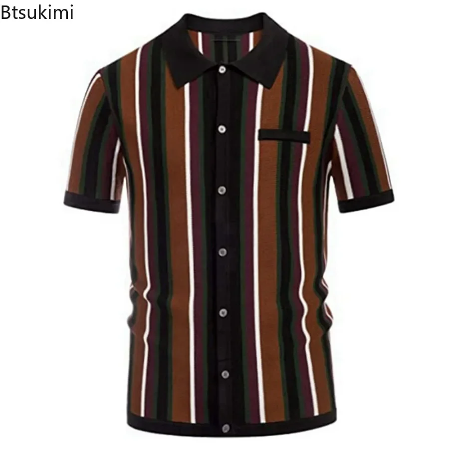 

2025 Men's Summer Casual Knitted Shirts British Retro Stripe Patchwork Knitted Short Sleeve Jacquard Business Polo Shirt Male