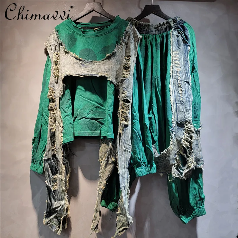 

2025 New Autumn Design Sense Splicing Denim Worn Old Sweater Loose Personality Fashion Two-piece Suit For Women