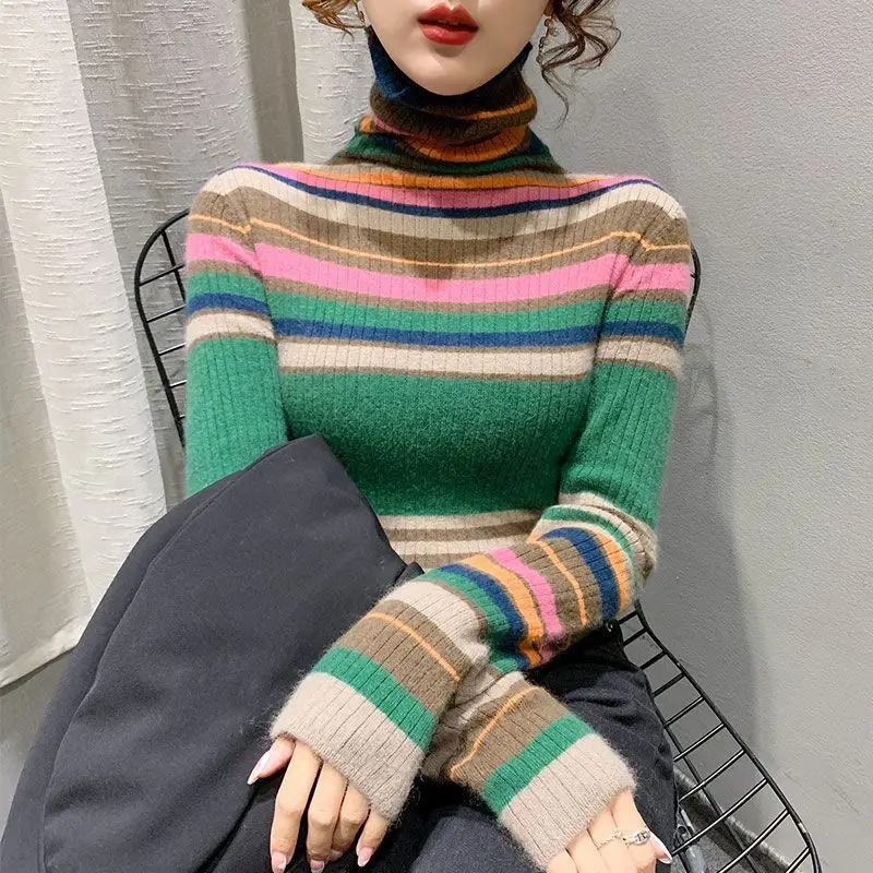 Pile Collar Sweater Bottoming Shirt Ladies Interior Lapping Winter New Fashion Striped Turtleneck Knitting Top Tee Women Clothes