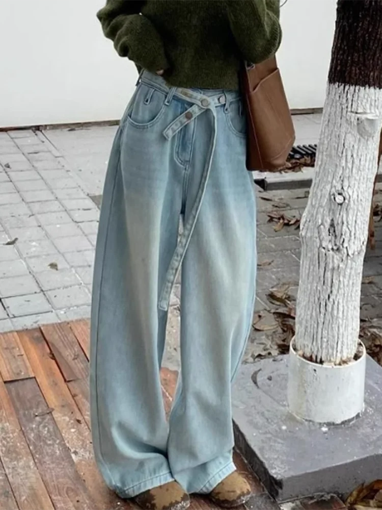 Y2K Wide Leg Pants Women Light Color Denim Waist Belt Design Slim Fit Niche Fashion Floor Length Inspired Jeans