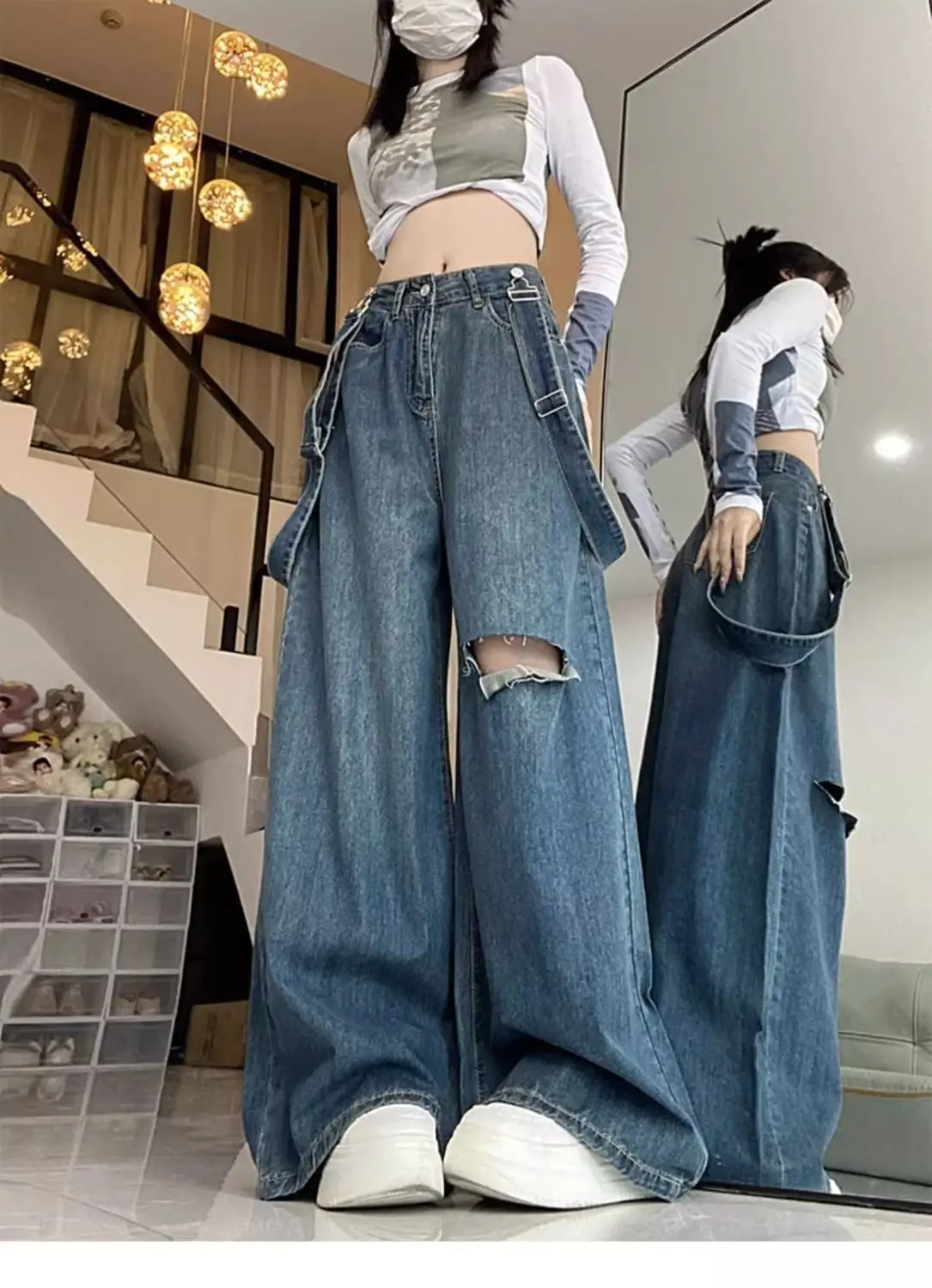 Strap Hole Jeans High Waist Female Summer Plus Size Fat Sister Slim Loose Wide Leg Straight Tube Mop The Floor Long Pants