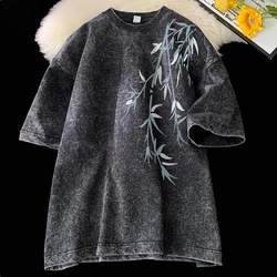 Bamboo Leaf Pattern Short Sleeve Heavy Fabric Acid Washed Men's T-shirt Men Woman Streetwear Oversized Loose Tops Summer Tees