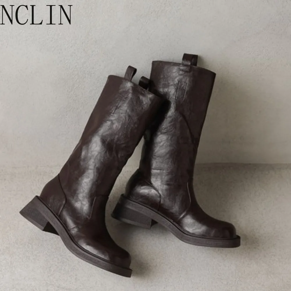 Winter New Women Shoes Genuine Leather Mid Calf Boots Square Toe Fashion Thick Heels Shoes Winter Retro Black Platform Boots