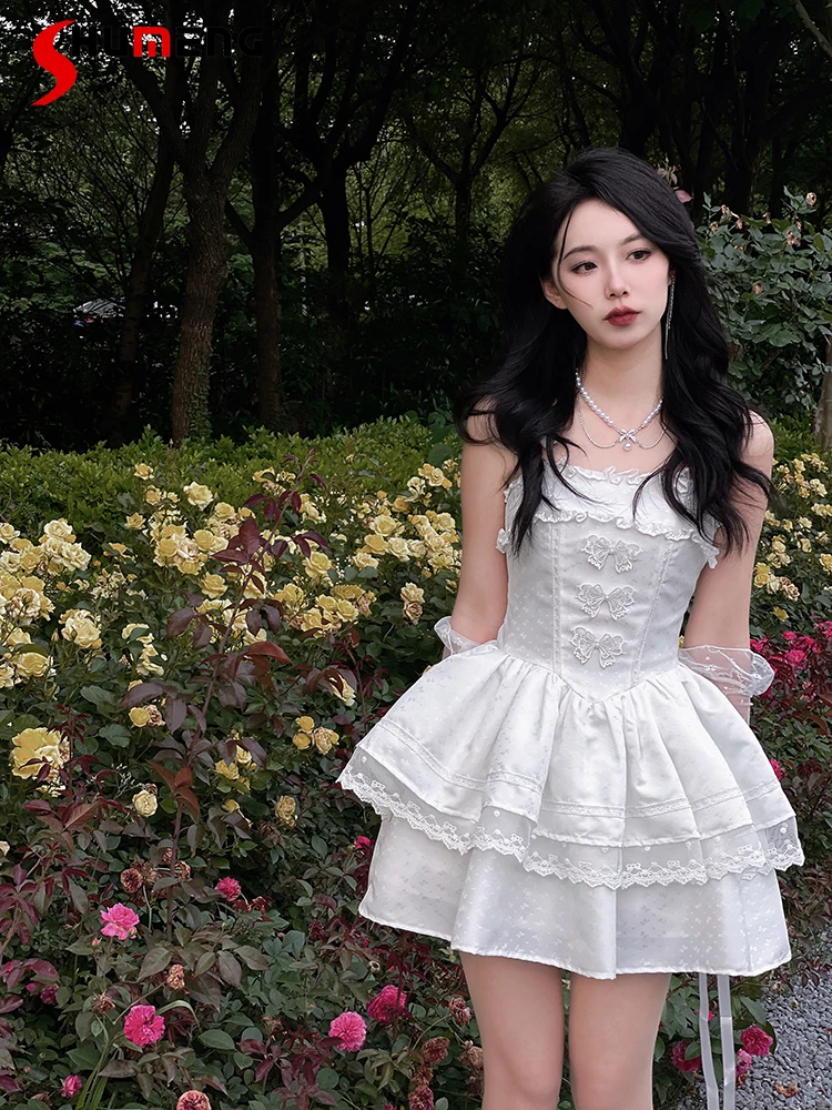 

Japanese Sweet Girl Ballet Style Cake Dress Lace Stitching Bow 3D Butterfly High Waist Slim Fit White Sling Short Skirt Women