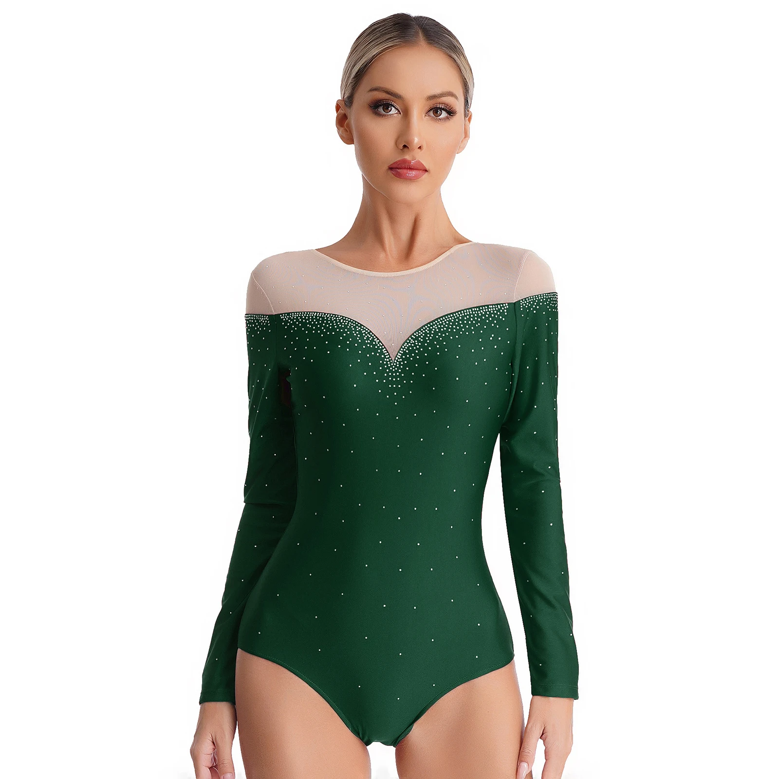 Womens Long Sleeve Rhythmic Gymnastics Leotard Figure Skating Jumpsuit for Woman Dance Costume Rhinestone Acrobatics Bodysuit