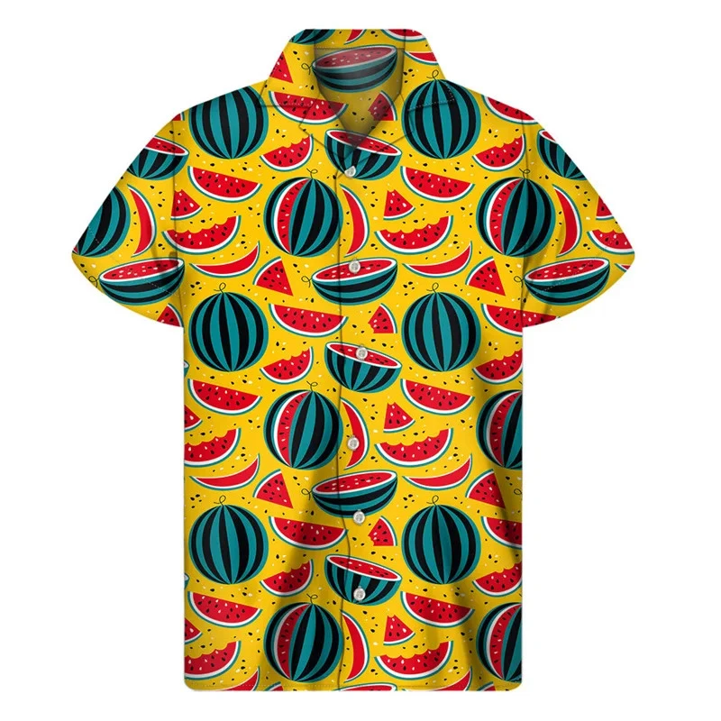 

Tropical Watermelon 3D Print Hawaiian Shirt Casual Short Sleeve V-Neck Men Women Beach Vacation Clothing Button-Up Tee Tops