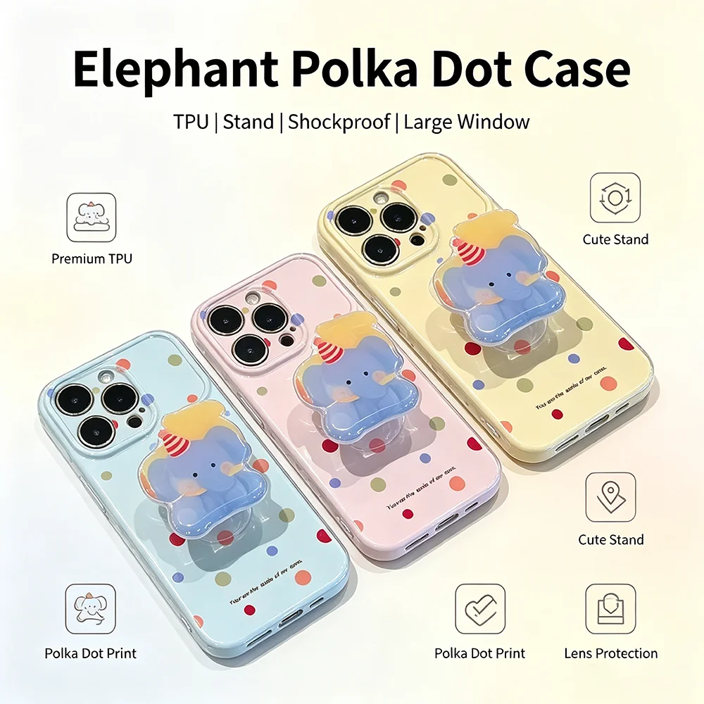 New cartoon phone case with colorful polka dot elephant stand, soft case for iPhone 11-17 series, 12, 13, 14, 15, 16