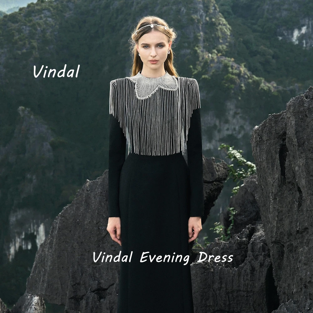 Vindal Floor length O-Neck luxurious Straight Fashion Beaded Crepe Breast Padding Elegant Long Sleeves السعود For Woman 2024