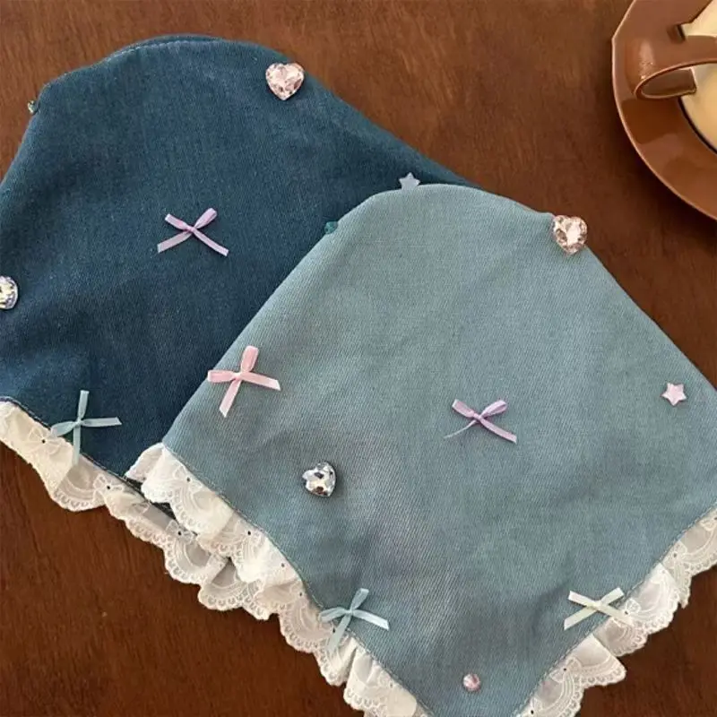 

French Country Triangle Lace Denim Blue Headband Bow Beach Headwrap Photo Hairband Hair Accessory Sweet & Edgy