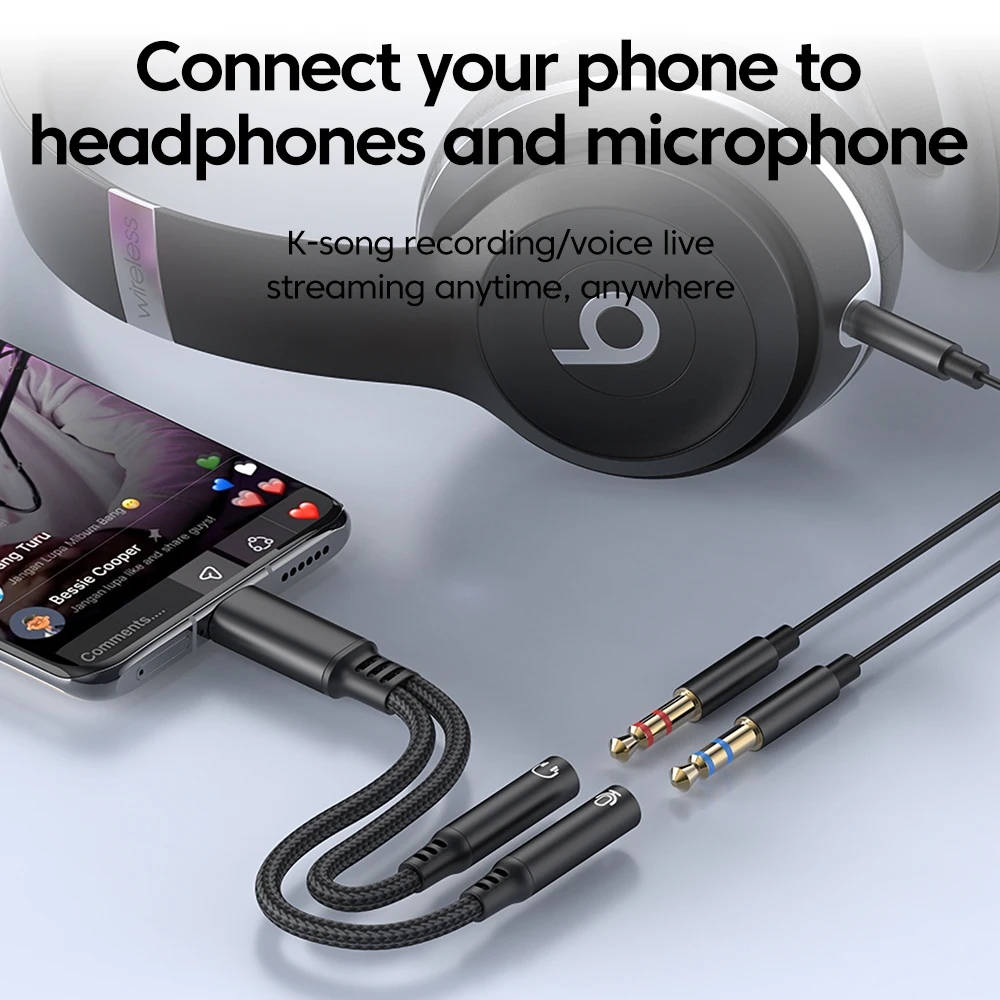 2 IN 1 Type-C to Dual 3.5mm Headphone Audio Aux Adapter Jack Sound Card Interface Headphone Microphone Adapter For IPhone15 16