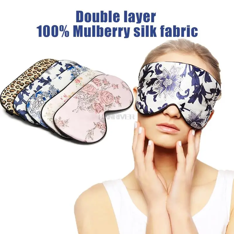 Silk Sleep Mask Porcelain Pattern Eyeshade Eye Cover Shading Blindfold Thicken Soft  Eye Mask Sleeping Travel Eyepatch