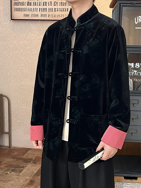 

Мужская бархатная верхняя одежда Long Sve Jaet с воротником-стойкой и пуговицами в китайском стиле для осени и зимы, модная и стоячая посадка