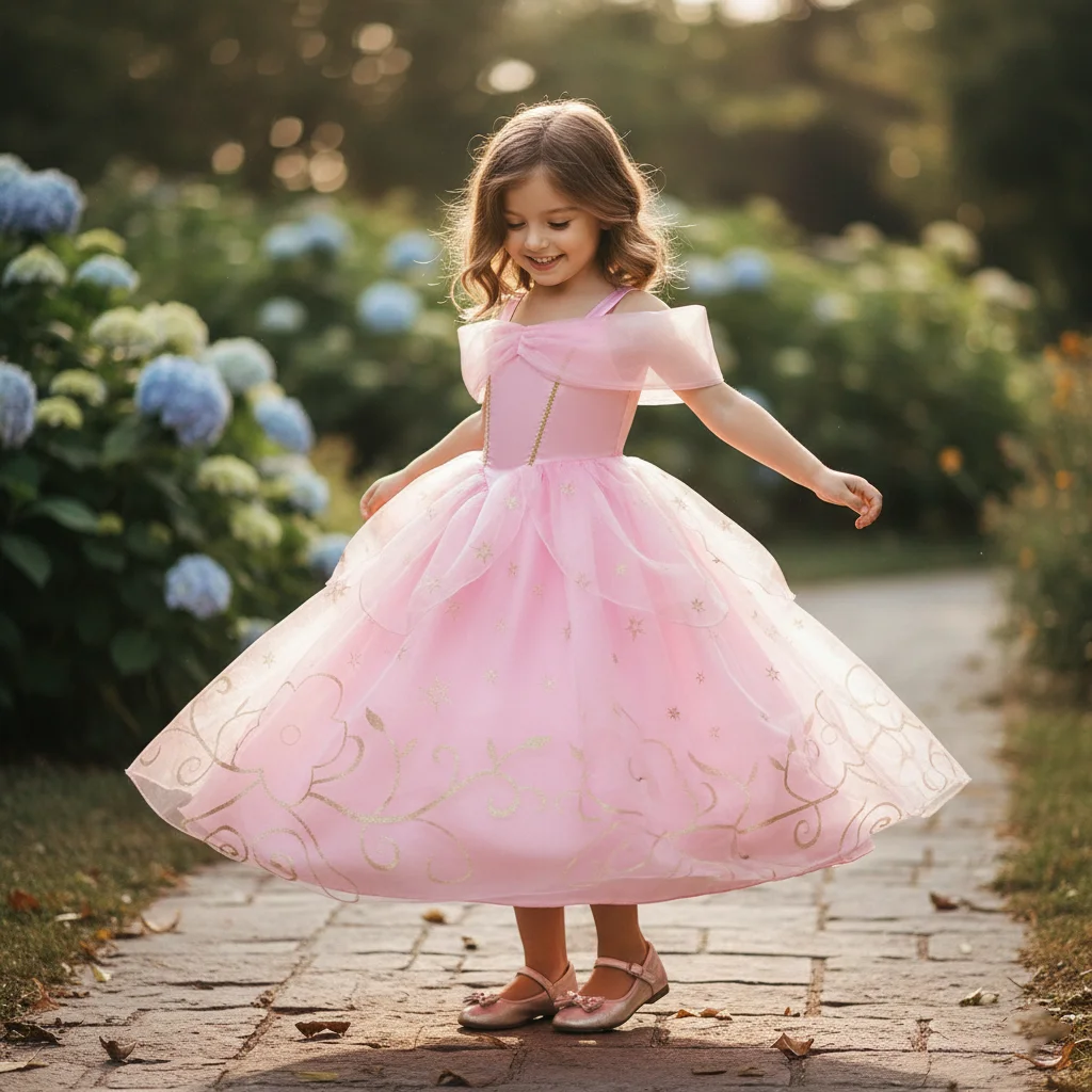 Entzückendes Rosa Traumprinzessinnen-Kostüm mit Goldenen Sternen, Blumenmuster-Tüllkleid für Kleine Mädchen, Perfekt für Ostern und Karnevalspartys