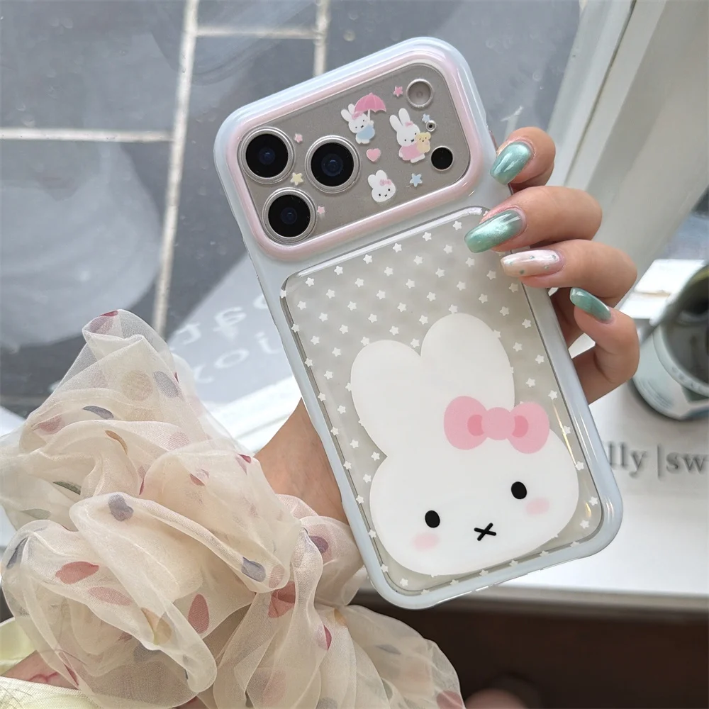 Cute Pink Bow Rabbit miffy Phone Case For iPhone 15 16 17 Pro Max White Star Print Double Cartoon Shockproof Protective Cover