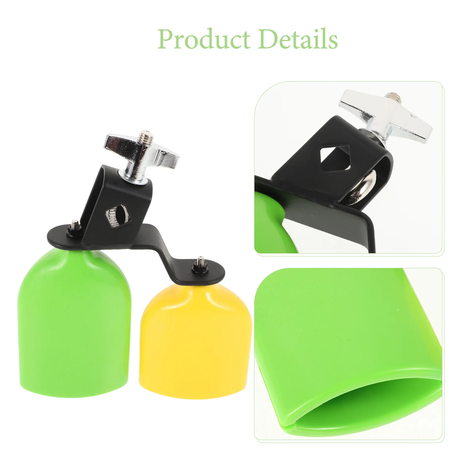 1 paio di campanelli in plastica per tamburi, tono alto e basso, kit di percussioni, verde giallo, accessori per strumenti musicali durevoli, campanelli per set di batteria