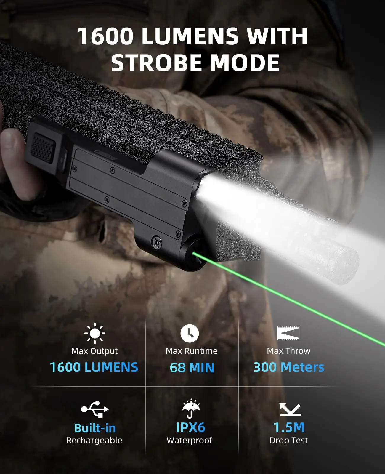 Imagem -02 - Lanterna Tática Rifle de 1600 Lúmens Luz Verde Combinação de Laser com Modo Estroboscópico Recarregável Usb Picatinny Rail