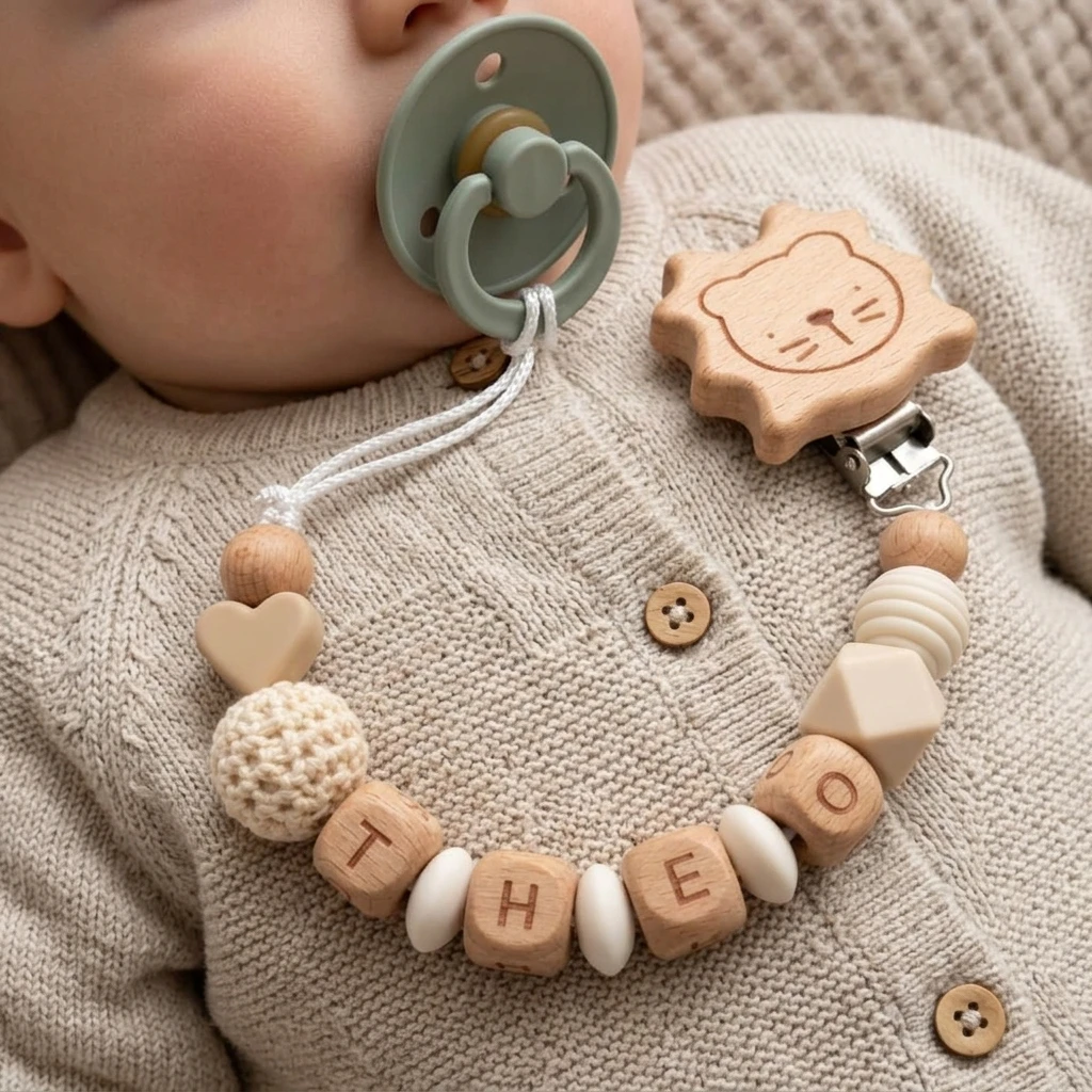 Custom Name Pacifier Clip Personalized Baby Dummy Chain Wooden Lion Clip Crochet Beads Soother Holder Christmas Baby Shower Gift