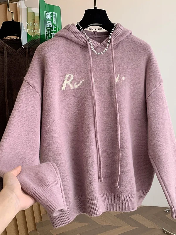 

Свободный вязаный свитер с капюшоном, женский повседневный свитер больших размеров, цветная блузка с вышивкой, повседневная внутренняя одежда, зимняя длинная одежда...