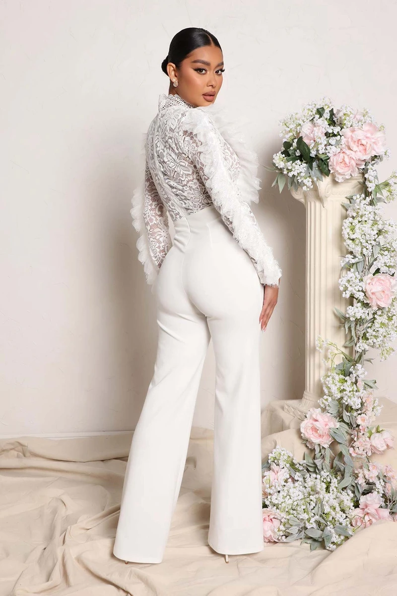 Elegant Lace Stiching Patchwork Wedding Evening Jumpsuit Long Sleeve Ruffle Sexy See Through One Pieces Party Overalls Rompers