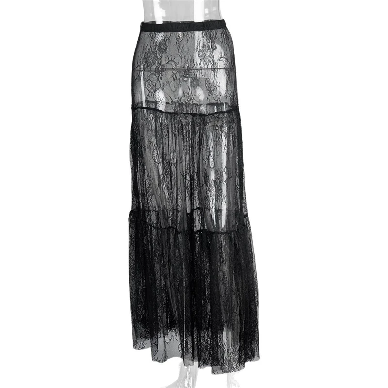 Elegant Black Lace Maxi Skirt Women's High Waist Bottom Summer Sexy Sheer Niche Aesthetic Skirt Fashion Patchwork Umbrella Skirt