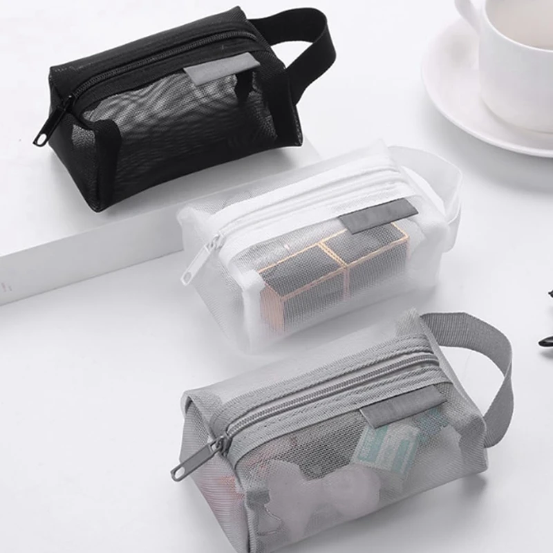 กระเป๋าเครื่องสำอางตาข่ายถุงใส่ของแบบตาข่ายสี่เหลี่ยมแบบพกพาพร้อมซิปตาข่าย tas kosmetik กระเป๋าเข้าห้องน้ำแบบพกพาทรงสี่เหลี่ยมขนาดเล็ก12ชิ้น