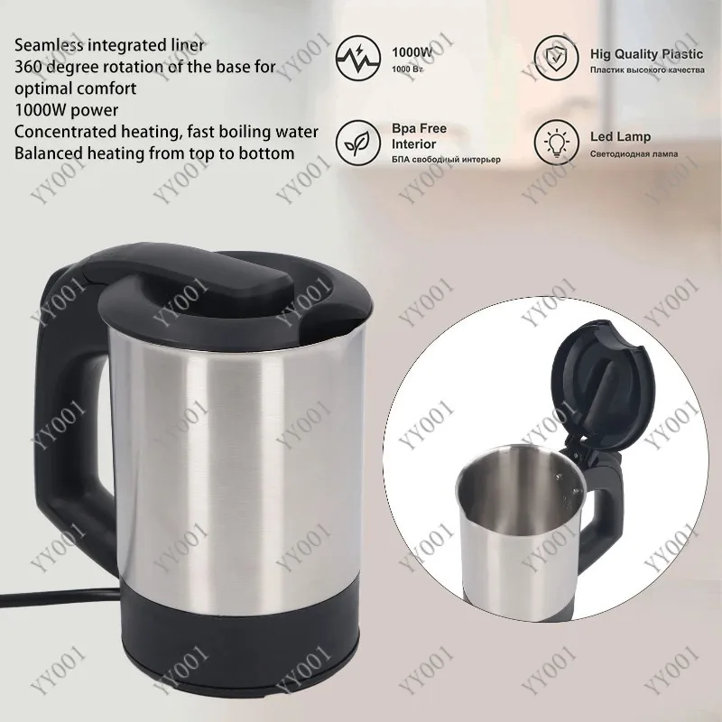 0.5L 1000W Stainless Steel Electric Kettle Auto Shutoff Dry Protection Water Boiler with 2 Cups